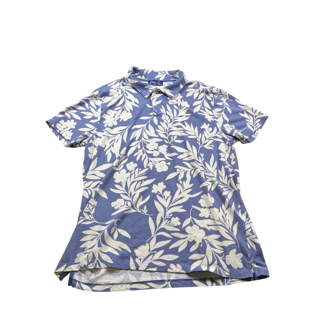 Cotton & Co Men's Large Floral Polo Shirt Blue White Tropical Resort Golf Casual